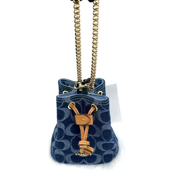 Coach Drawstring Wristlet In Signature Denim Gold/Denim Blue Natu… - Picture 1 of 12